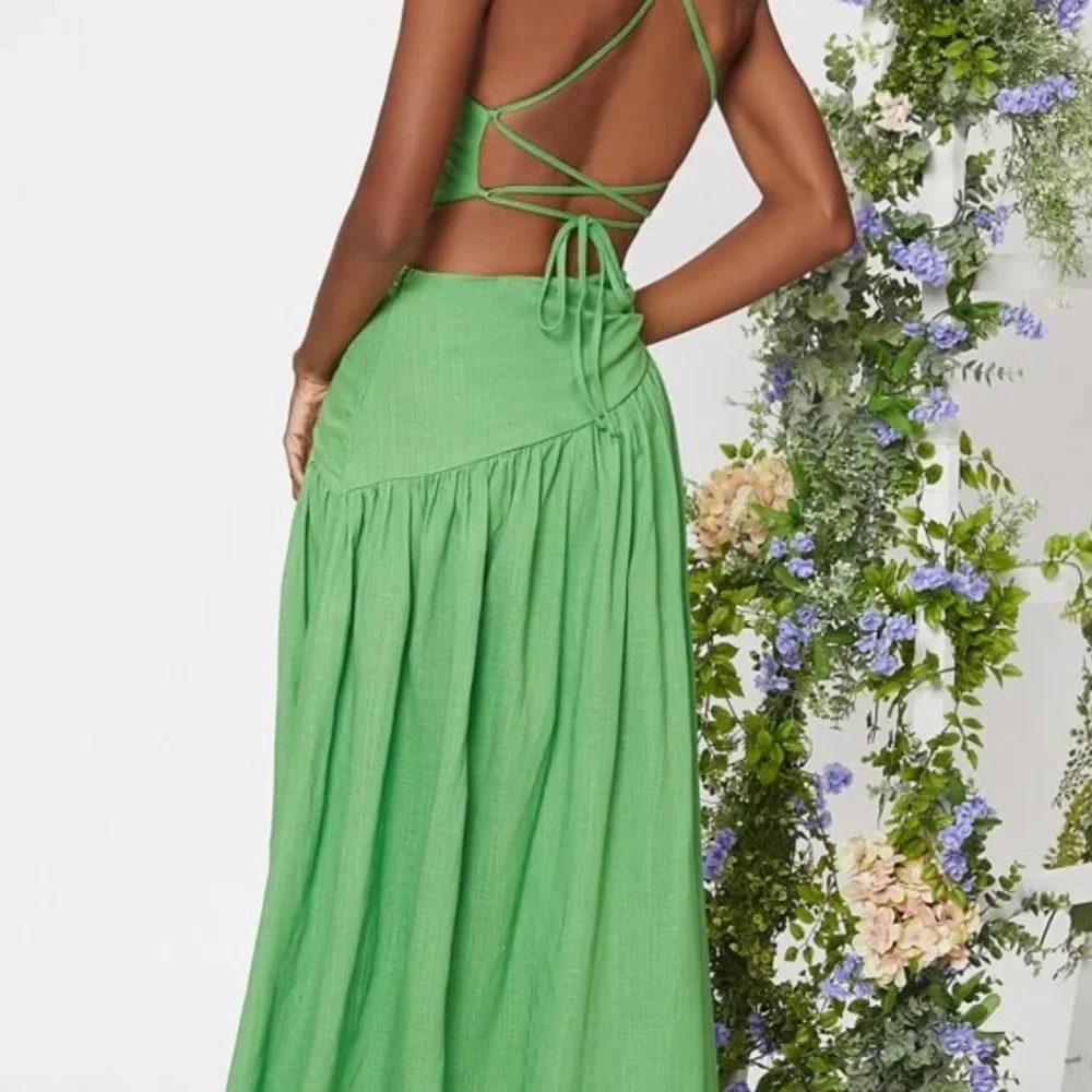 Criss Cross Lace Up Backless Cut Out Ruched Ruffle Hem Dress - Picture 2 of 4